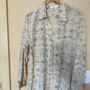 Silk Art Watercolor European Garden Beige Graphic Button-Up Shirt